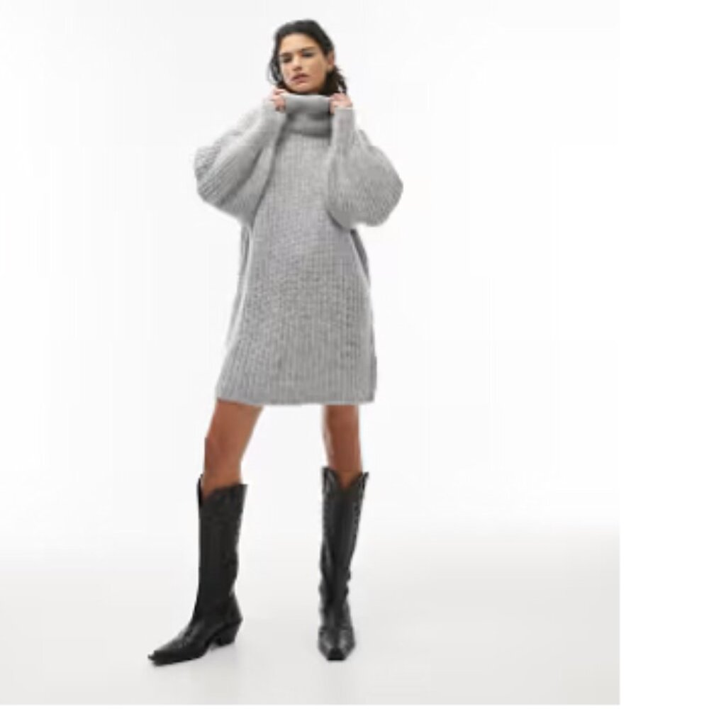 Topshop Knitted Cable Roll Sweater Dress in Heather Gray ASOS Medium 8-10